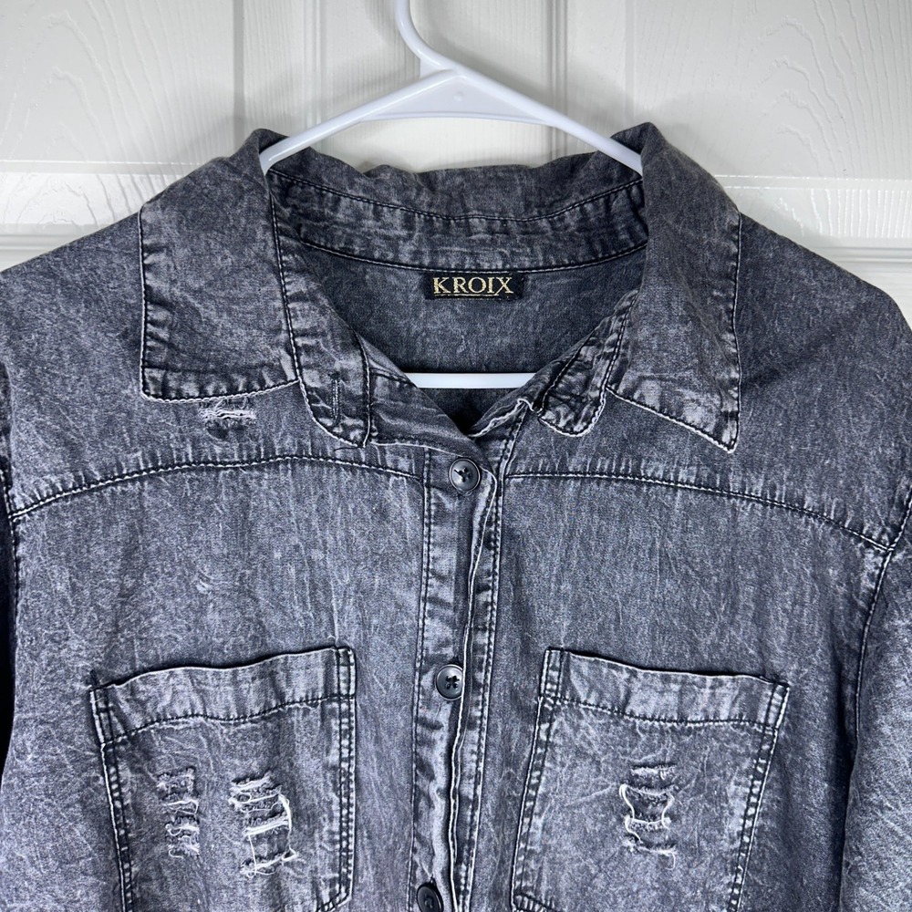 KROIX Distressed Denim Shirt Women 1X Grey Excellent High Low Acid Wash Longline - Picture 3 of 12